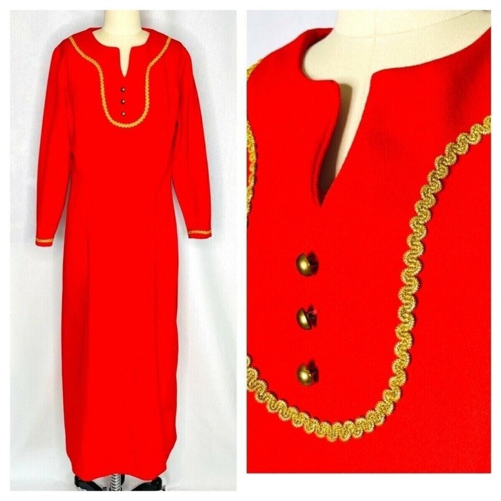 Vintage 70s Red Maxi Gown House Dress Size Large Holiday Gold Formal MOD MCM